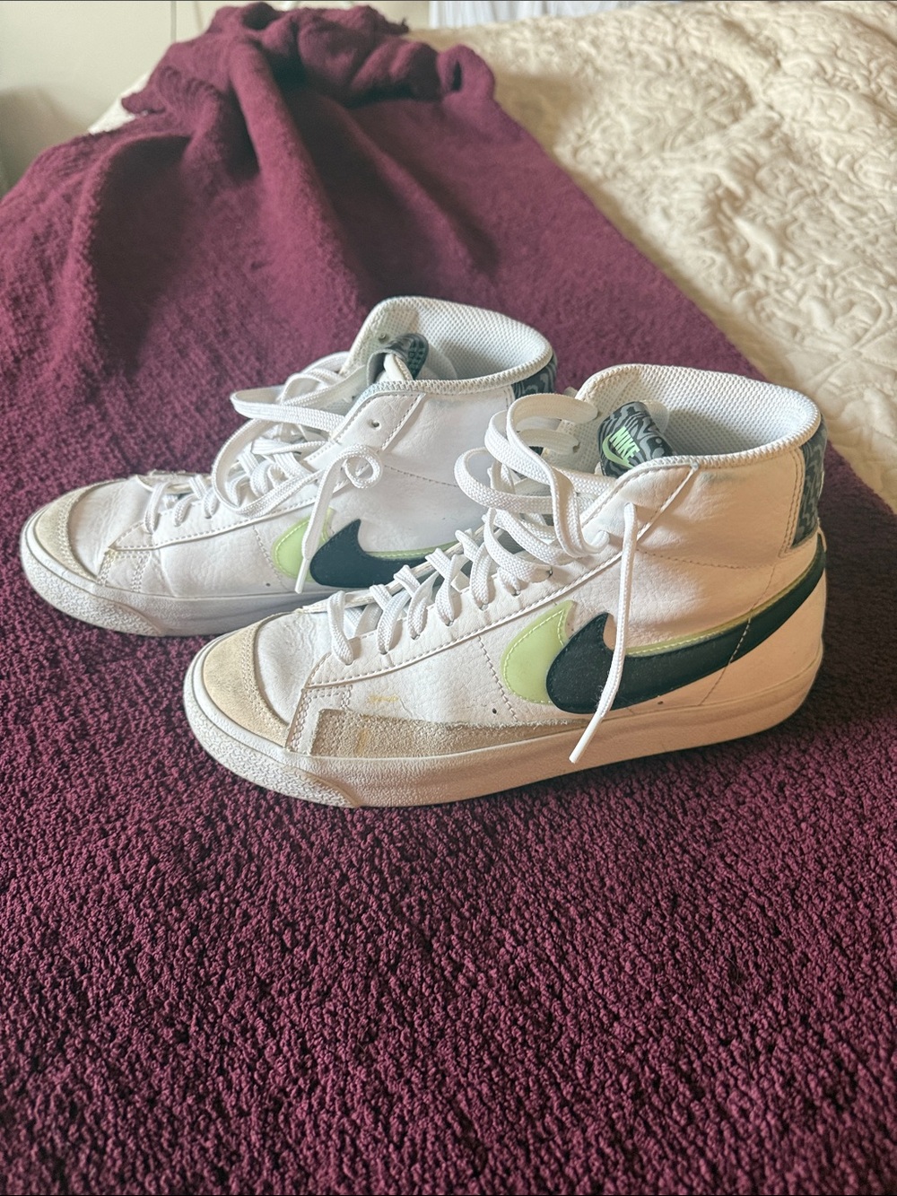 Nike High-Top Sneakers White with Dark Green and Lime Green Swooshes